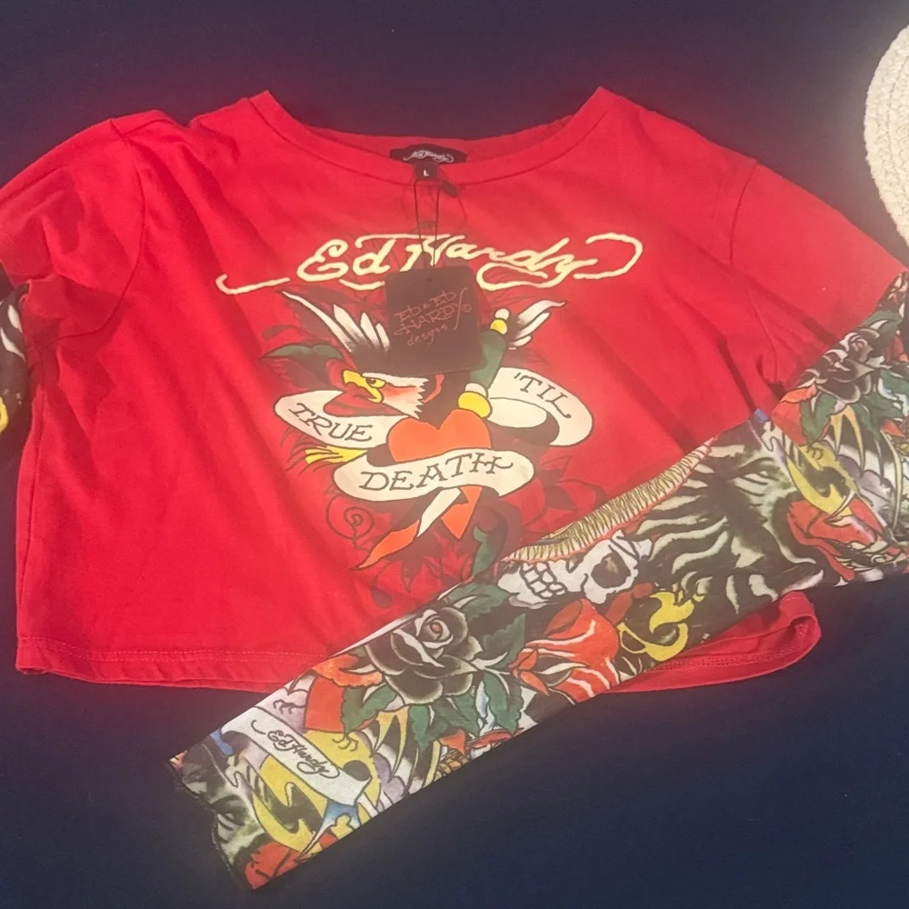 Ed Hardy Red Long Sleeve Graphic crop tee - Picture 1 of 6